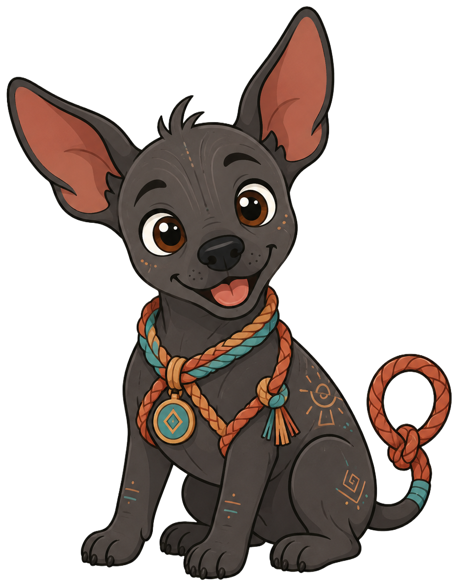 Mecatito, the Mecatl mascot: a Xoloitzcuintli puppy wearing a teal rope collar
